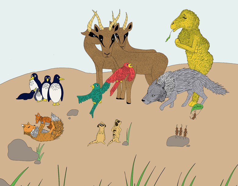 Grafik mit gezeichneten Tieren des Ausstellungsbereichs "Zusammenleben im Tierreich".
