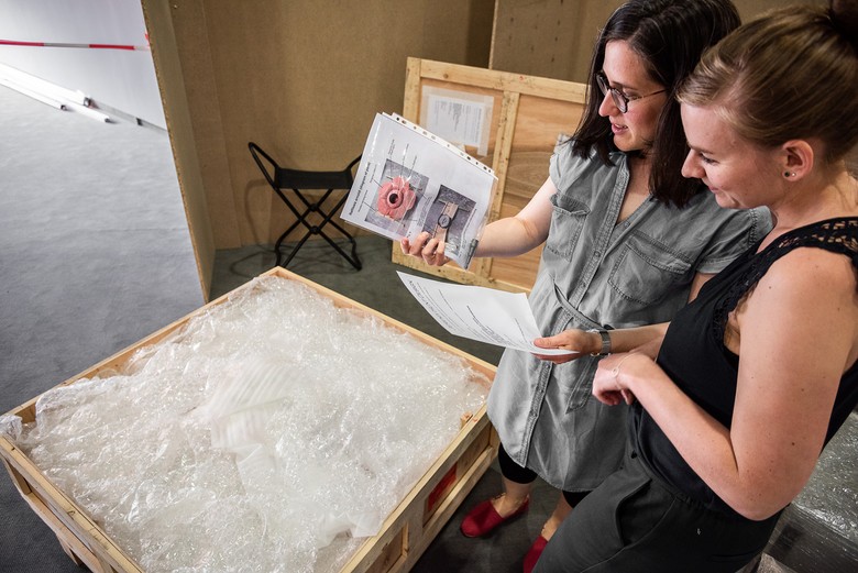 Die Ausstellungsmacherinnen Lisa KLepfer und Michaela Klösener studieren vor der geöffneten Kiste die Aufbauanleitung des Pflanzenmodells.